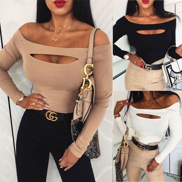 

women off shoulder long sleeve t shirt casual stretch jumper blouse top, White