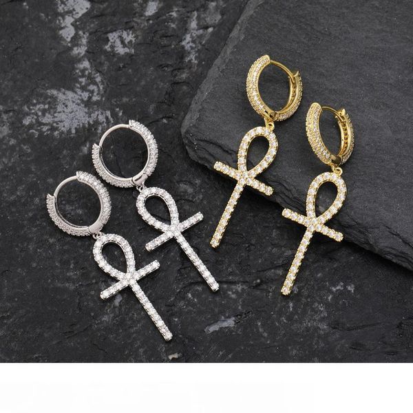 

iced zircon ankh cross earring fashion gold silver color micro paved bling cz stone earrings for man women hip hop, Golden;silver