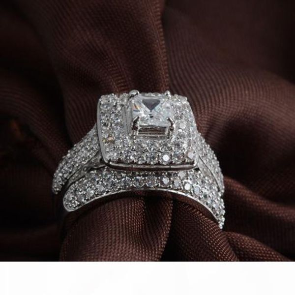 

размер 5 6 7 8 9 10 jewelry принцесса вырезать 14kt белого золота заполнены полный топаз gem моделируется алмаз свадебные обручальное кольцо, Silver