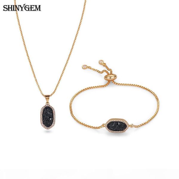 

wholesale 10 colors sparkling druzy natural gem stone jewelry set gold plating chain necklace bracelet jewelry set for women 2019, Silver