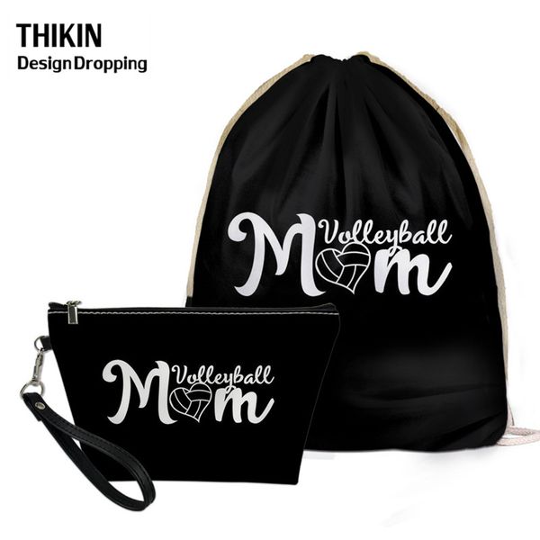 

thikin women black drawstring bags volleyball mom style print travel storage pouch for ladies cometic case worek plecak sznurek