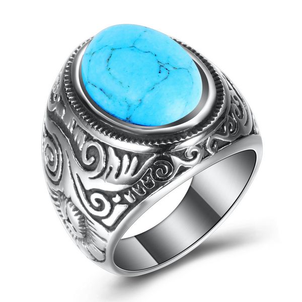 

retro mens cluster rings fashion vintage turquoise stainless steel carved party jewelry gifts, Golden;silver