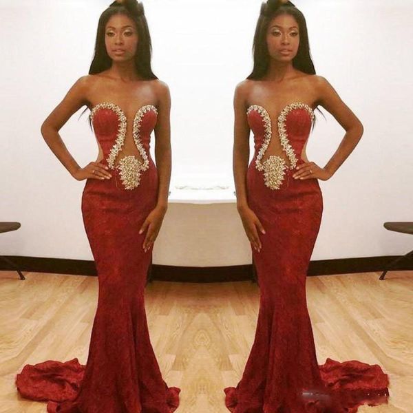 

burgundy sweetheart beaded prom dresses cutaway sheer waist mermaid evening gowns sweep train south african formal party dress, Black