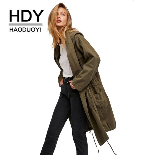 

hdy haoduoyi women trench coats vintage cargo draped long coat winter autumn casual hooded coats army green female outwears, Tan;black