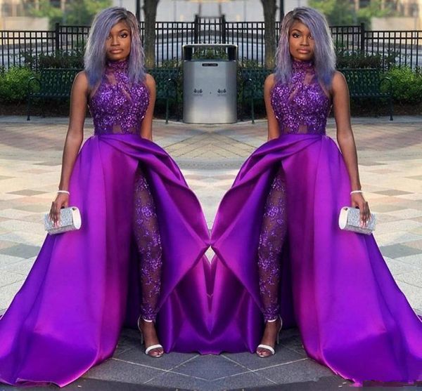 

purple lace stain evening jumpsuit with train 2023 high neck african plus size classic occasion prom pant suit dress wear303r, Black;red