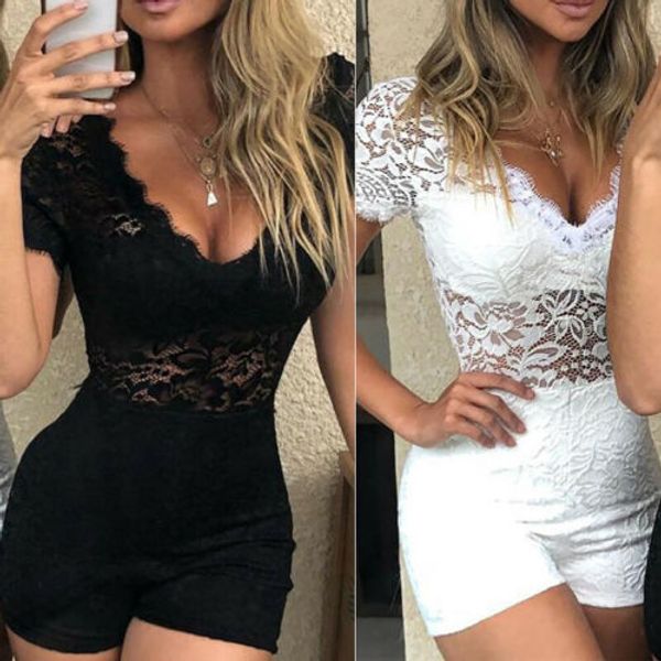 

fashion women ladies solid v neck short sleeve skinny slim lace clubwear summer bodycon jumpsuit romper, Black;white