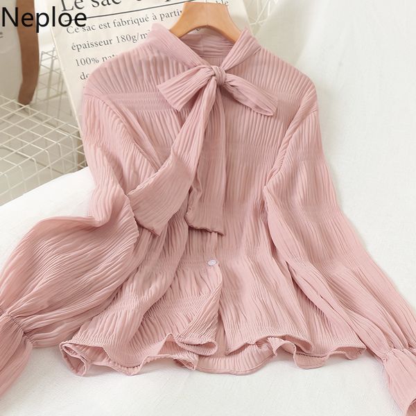 

neploe o neck lace up bow design blouse autumn spring 2020 new flare long sleeve pink blusas pleat design holiday shirt 48523, White