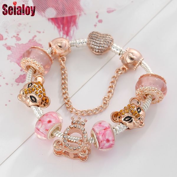 

rose gold lion crown princess carriage charm bracelet bangle original heart buckle pink murano glass beads bracelets for women, Golden;silver