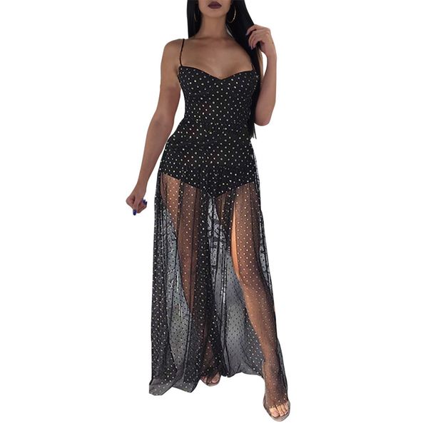 

spaghetti strap polka dot backless summer side split mesh women dress fashion nightclub ladies maxi beach see through, Black;gray
