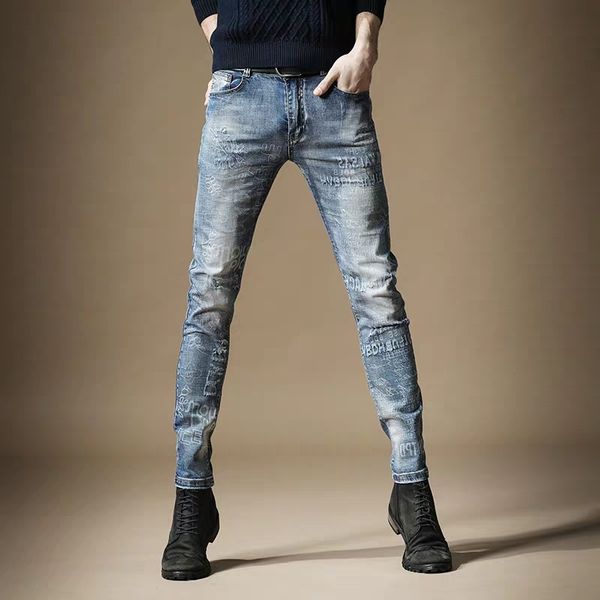 

new 2020 men's male jeans brand slim embossed print jeans brand spring korean trend pants slim trousers, Blue