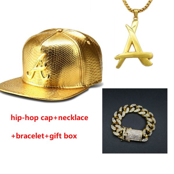 

men hip hop cap letter a cap hat +necklace+bracelet set jewelry diamond out cuban chian luxury set, Blue;gray