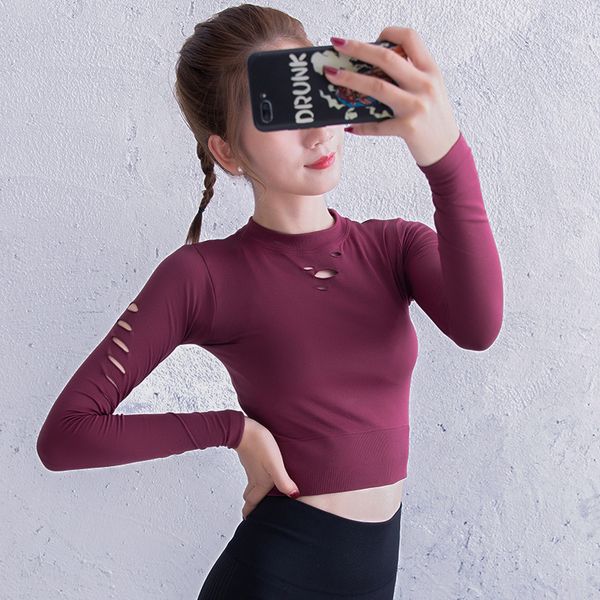 

hole black white blue red women yoga sport shirt long sleeve crop gym sport fitness women yoga crop t shirt, White;red