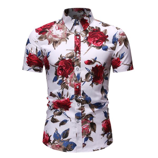 

klv 2020 men's slim fit flower printed shirts male short sleeve floral shirt men basic casual plus size shirts cloth 0310, White;black