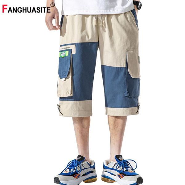 

summer new men's cargo pants fashion patchwork multi-pocket elastic waist calf length pants 2020 loose casual male kx809, Black