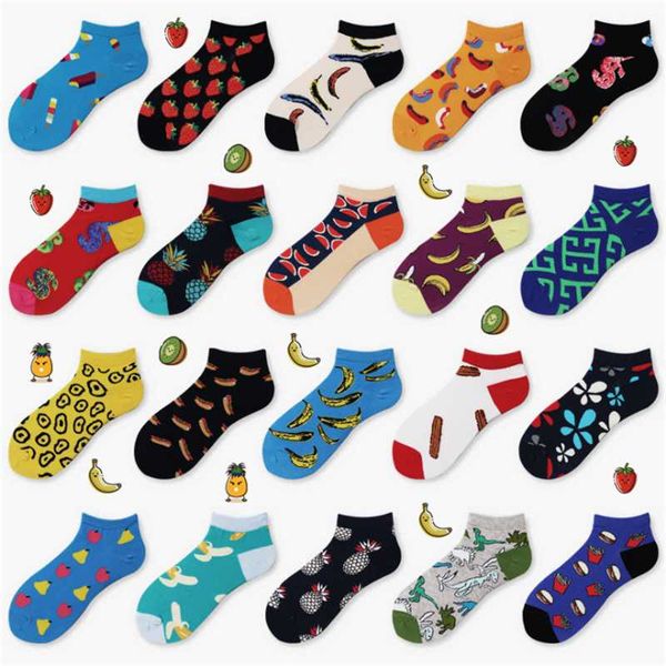 

moda socmark brand summer trendy happy socks men cotton boat man socks interest funny originality harajuku ankle sock fruit, Black