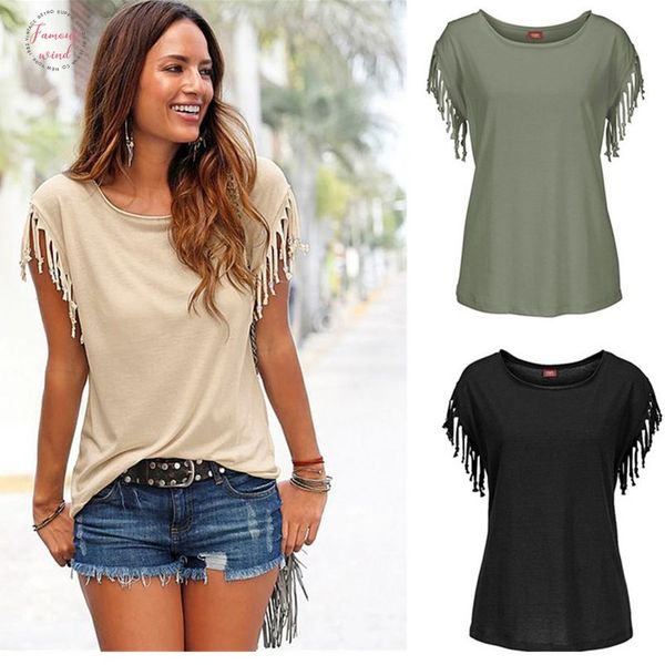 

oufisun 2020 летняя мода женская футболка лоскутная твердая повседневный цвет кисточкой с коротким рукавом топы o шеи женская одежда футболк, White