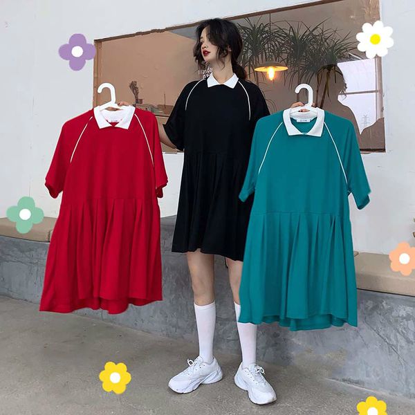

oversize women's clothing new summer preppy style casual harajuku short sleeve women dress korean ulzzang high waist dresses, Black;gray