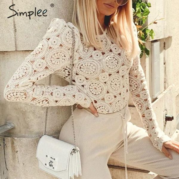 

women's blouses & shirts simplee elegant long sleeve lace blouse women hollow out embroidery solid knitted pullover female chic casual, White