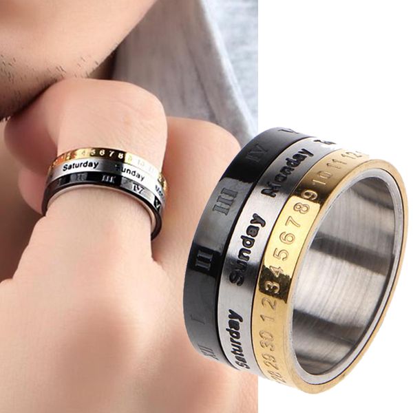 

8mm stainless steel cool punk spinner male date time calendar rings creative rotatable 3 part roman numerals ring mens jewelry, Slivery;golden