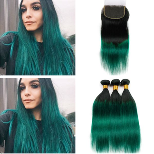 Brazilian Human Hair 1b Green Ombre Straight 3bundles With Closure