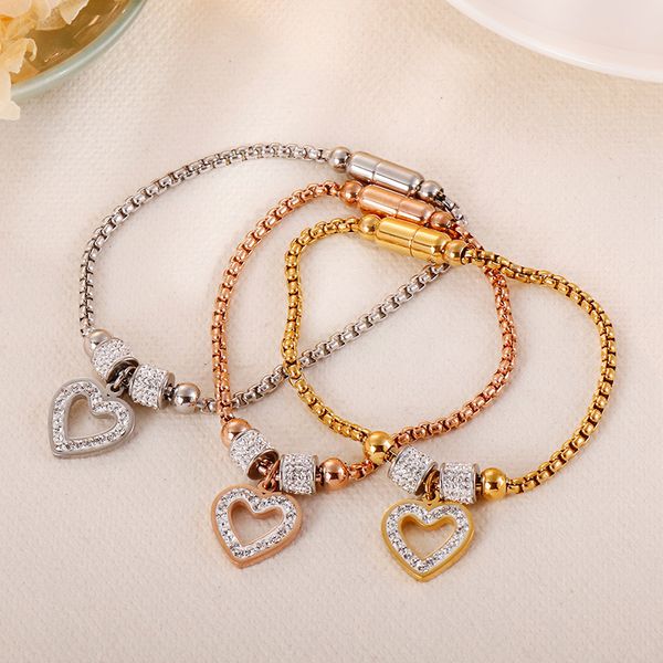 

classic magnet bracelet for women stainless steel crystal heart hollow out charm bracelets rose gold color wristband gift new, Black