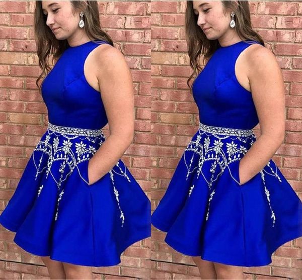 Königsblaue, kurze Ballkleider 2019, Perlengürtel, Kristallperlen, Pailletten, Juwelen, Reißverschluss, Satin, Heimkehrkleid, günstiges Party-Mädchen-Abschlusskleid