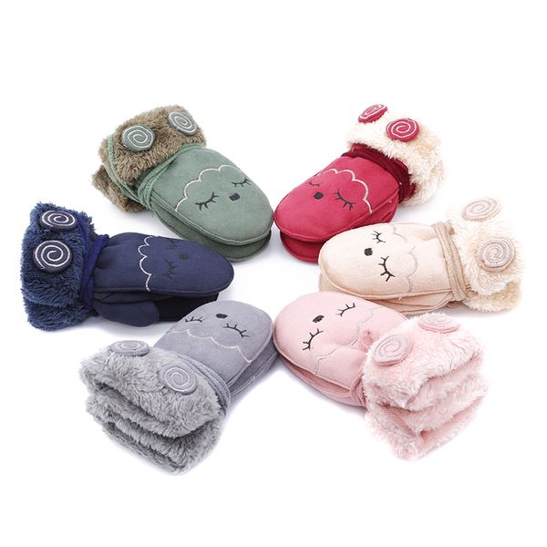 

lovely boys girls suede leather mittens cotton warm gloves kids winter gloves cartoon cat smile print children's winter, White