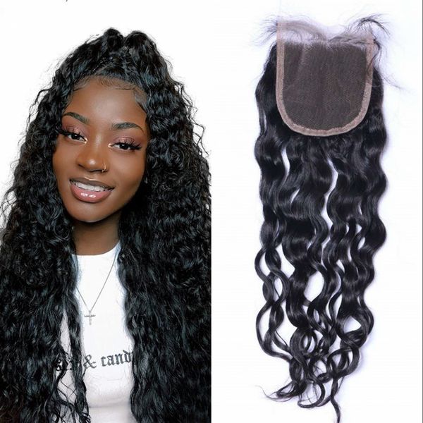 

монгольский virgin человеческих волос 4 * 4 волна воды lace closure free часть швейцарский шнурок затворы влажная и волнистые, Black;brown