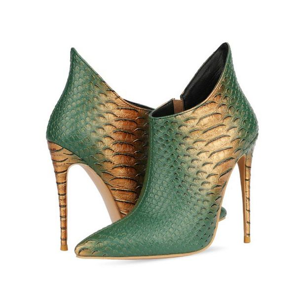 

2020 snake print super high heel ankle boots faxu leather women boots pointed toe zipper autumn winter ladies shoes, Black