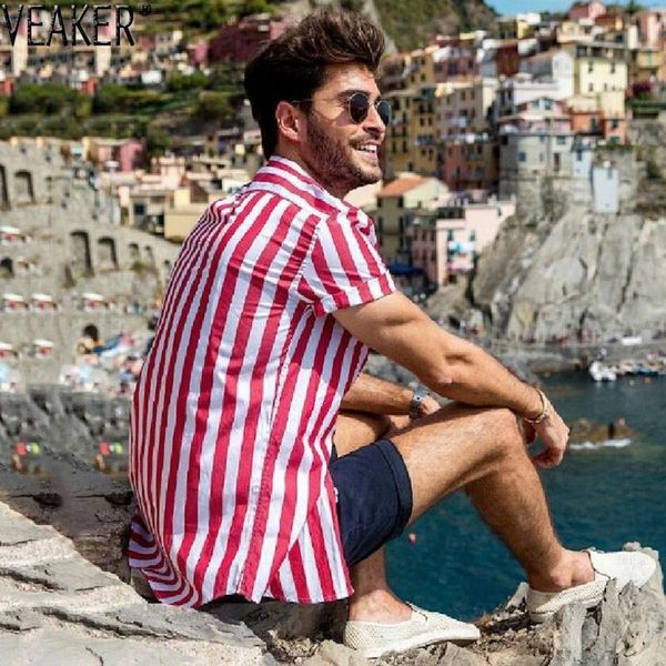 

2019 new men's striped casual shirts streetwear male high street red shirt men summer short sleeves shirts -3xl, White;black