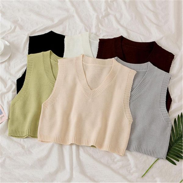 

мода 2020 весна осень vintage рукавов v-образным вырезом трикотажные жилет свитер женщин твердые пуловеры дамы повседневный tank top pz3411, Black;white