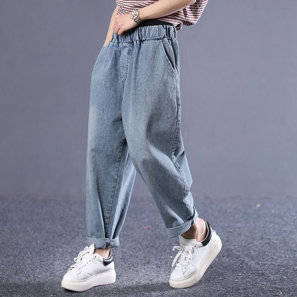 

ewq] 2019 spring summer new pattern elastic patchwork denim pockets streetwear pants women jeans fashion tide ae11905xl, Blue