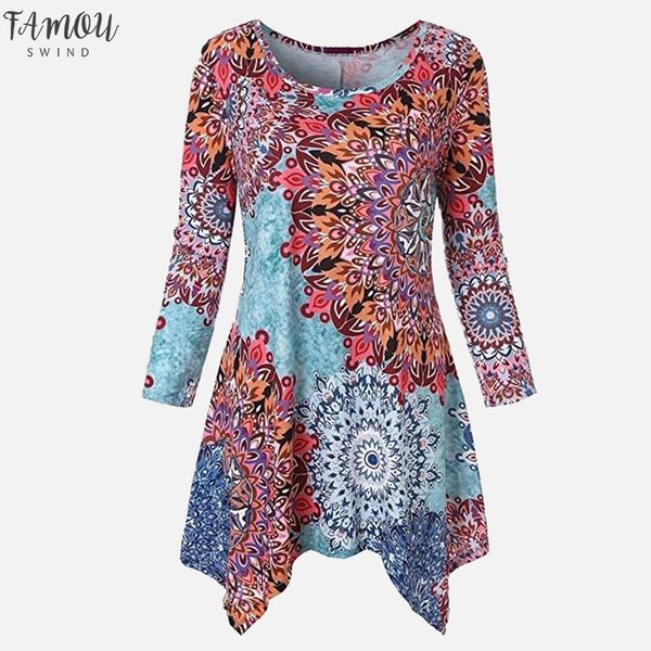 

plus size 5xl floral print tunic o neck womens blouse long sleeve irregular autumn womens summer loose woman shirts, White