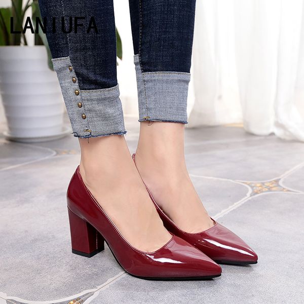 

high heels women shoes women pumps lady pointed toe patent leather casual single thick heels dress shoes sandals female #239, Black