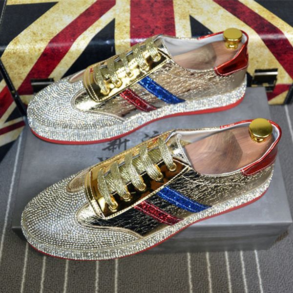 

Mens Rhinestone Bling Shiny PU Leather Lace Up Athletics Fashion Sneakers Board Shoes Gold Sliver Boys Gift M384