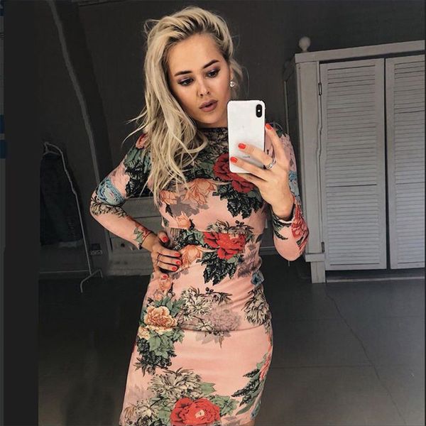 

women clothing spring fashion flower print women slim dress ladies long sleeve casual autumn floral dresses, Black;gray