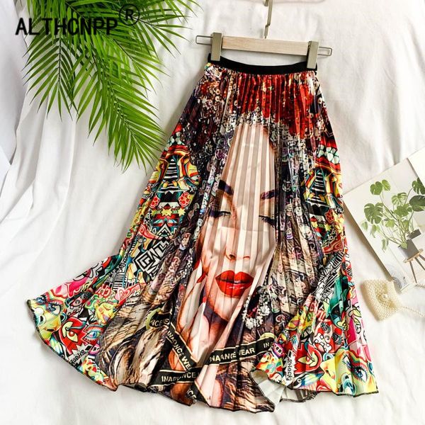 

faldas mujer moda 2019 women skirt european american cartoon portrait pattern elastic waist pleated skirt plissee jupe femme, Black