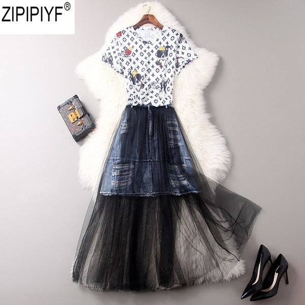 

2018 summer new fashion o-neck short printed blouse + ankle-length mesh skirt suit skirt 2 piece women's set c1478, White