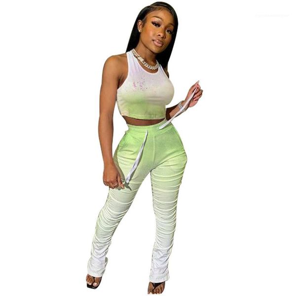 

женщины 2pcs наборы женской gradient штабели pleasted костюмы лето конструктора sexy холтер жилет fold flare брюки, White
