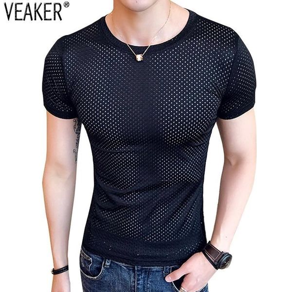 

lead new men's transparent mesh t-shirts male short sleeve hollow out t shirt summer casual fitness tee plus size 4xl, White;black