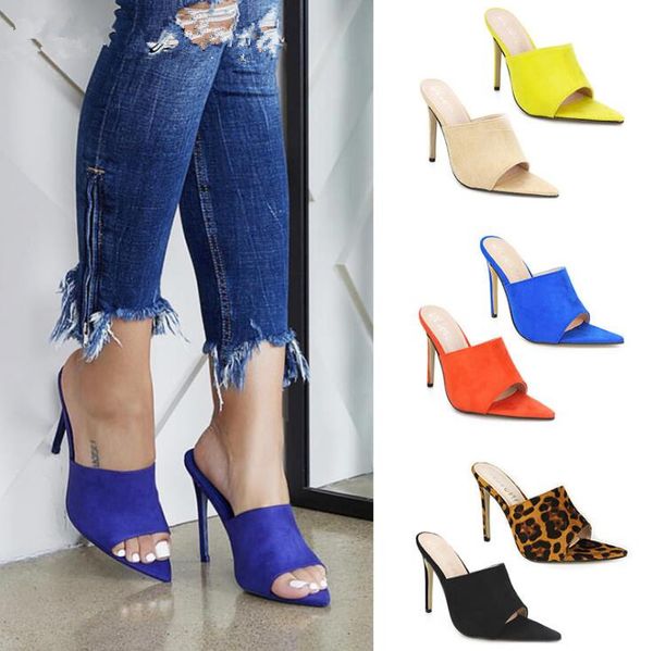 Venda Quente-2019 Saltos Mulheres Sapatos De Salto Alto Salto Chinelos Mulheres Bombas Grande Tamanho Grande Ponto de Toe Senhoras Slides Feminino Moda Lady Woman Shoes