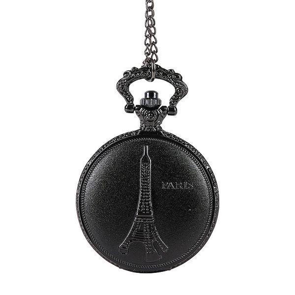 

large vintage retro carved pocket watch black necklace matte texture eiffel tower pocket watch with chain, Slivery;golden