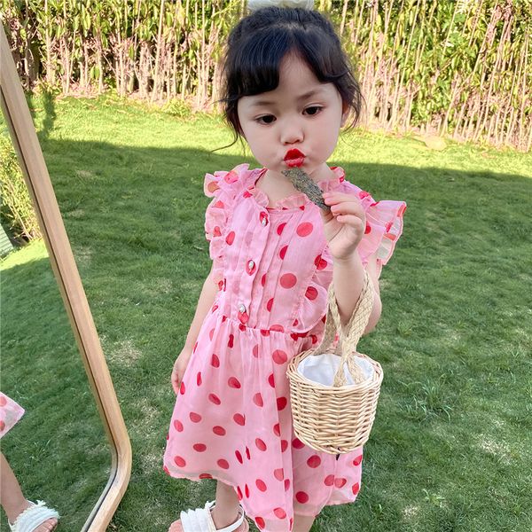 

лето ребенок девочка горошек шифон качели платье длиной до колен малыша малыша слоеного рукав оборками сетки тюль принцесса корейских vestid, Red;yellow