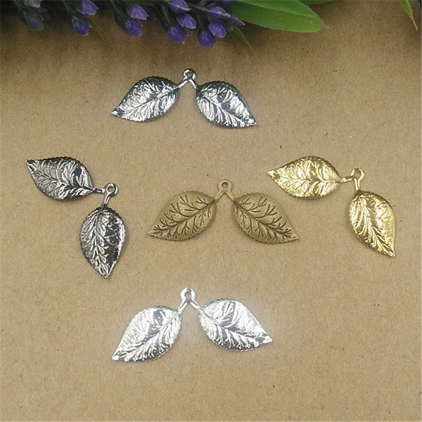 

50pcs/lot 13x32mm silver/gold color vintage double leaf pendant charms european jewelry findings for diy necklace bracelet, Bronze;silver