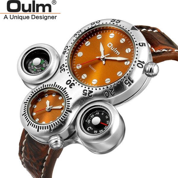 

oulm men's sport watches two time zone quartz wristwatch decorative thermometer compass male watch, Slivery;brown