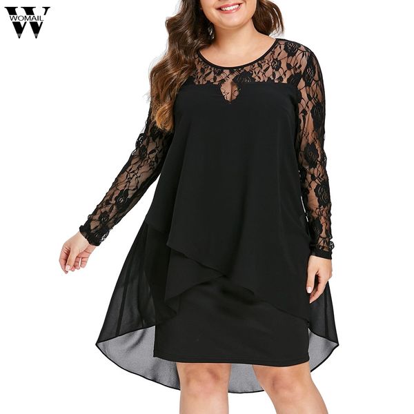 

women dress plus size sheer lace sleeve high low hem o-neck swing dress casual party dresses large sizes 5xl dropship d7, Black;gray