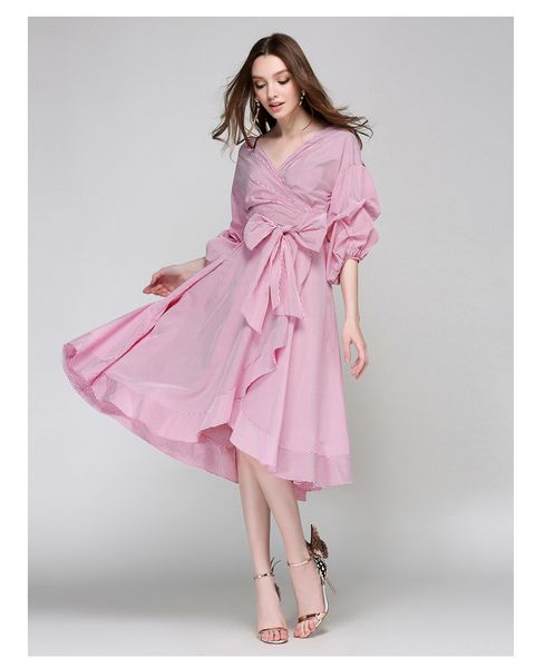 

women's bandage dress new 2019 summer celebrity party pink blue v-neck striped bow fashion elegant dress + suit, White;black