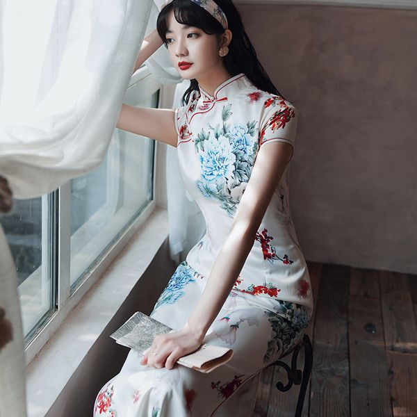 

ethnic clothing ladies plus size qipao chinese vintage mandarin collar traditional cheongsam dress rayon floral novelty, Red
