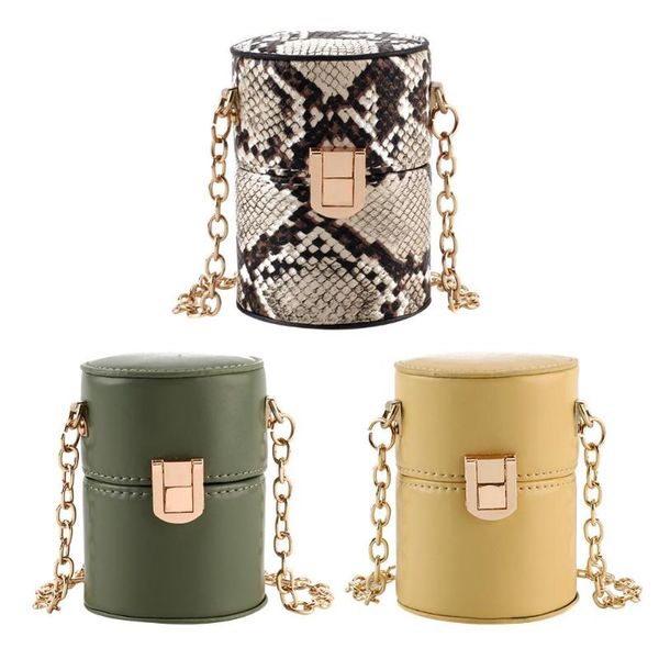 

mini cylinder shaped shoulder messenger handbags for women ins snake print pu chain crossbody bags with the bucket evening siste