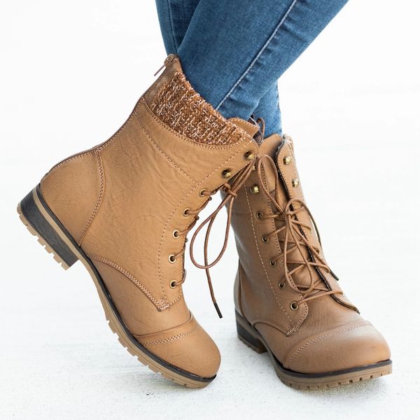 

monerffi flat women's boots and calf lacing women's warm fashion retro round head comfortable 2019 winter new fashion trend, Black